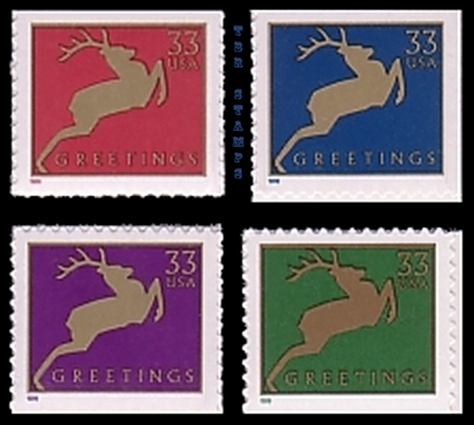 Holiday 1999 Reindeer 3364 67 3367 Singles 4 From Vending Booklet MNH 