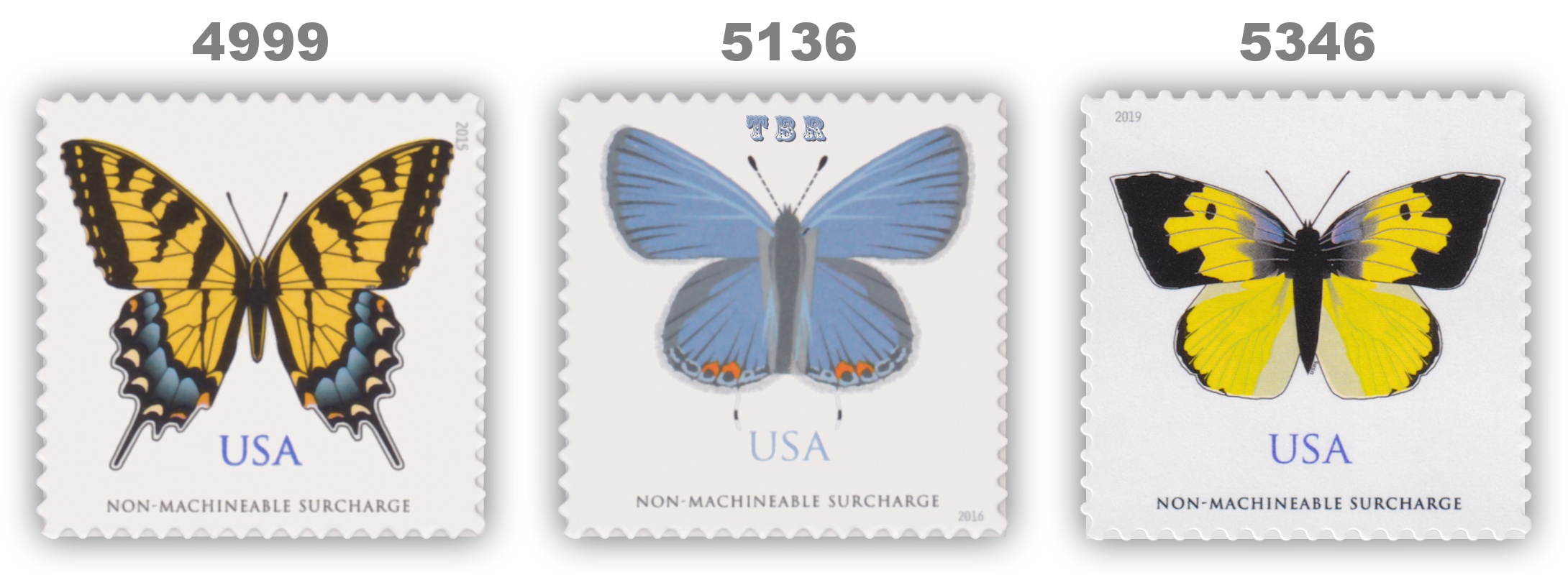 4999 5136 5346 Butterfly Set of 3 NonMachineable Surcharge Rate Stamps